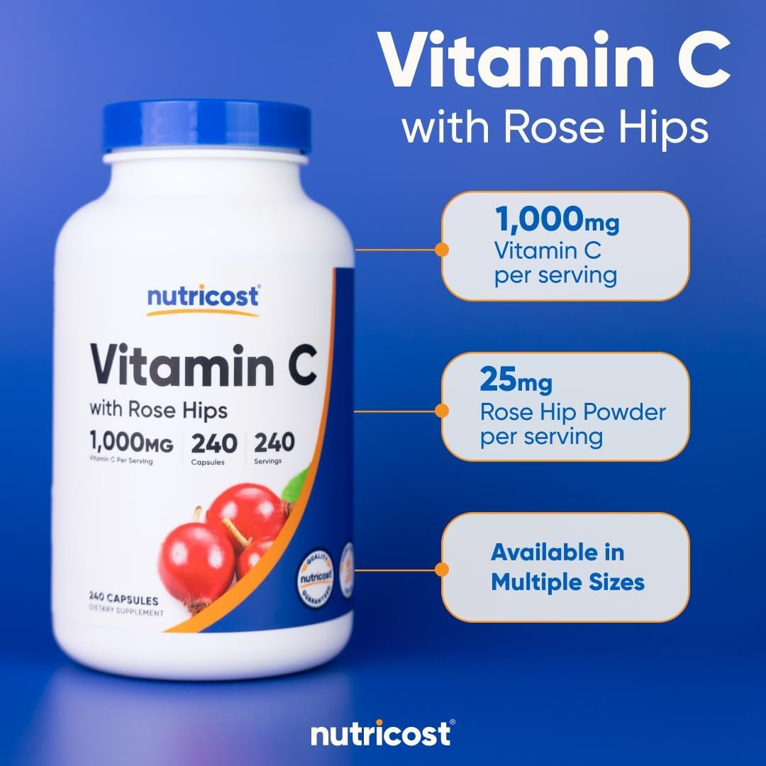 Nutricost Vitamin C + Rose Hips, 1,000mg, 240 Capsules