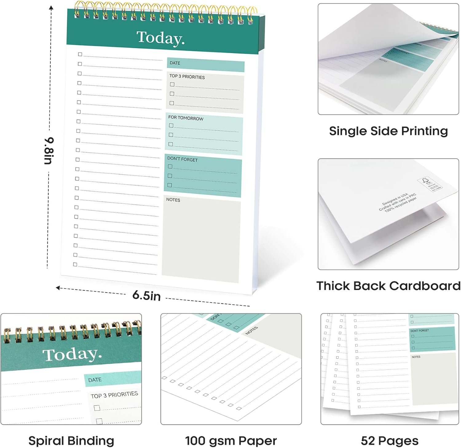 Taja Daily To-Do List Notepad for Work & Home, Undated Task Planner Notebook with 52 Sheets, 9.8″ x 6.5″