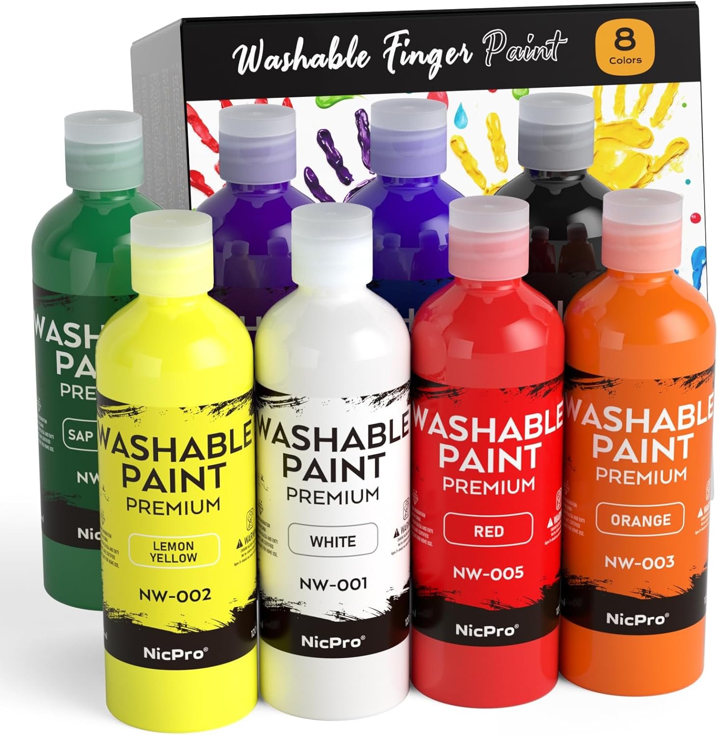 Nicpro 8-Color Washable Paint Set 4oz (120ml), Non-Toxic Acrylic & Tempera for Kids
