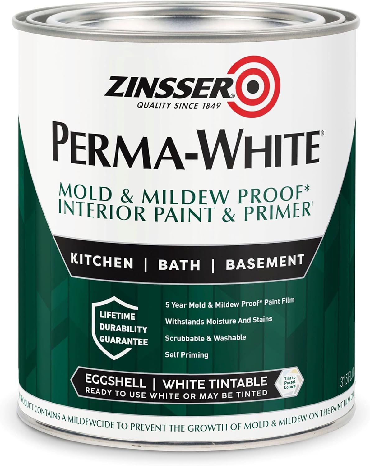 Zinsser PERMA-WHITE 02774 Mold & Mildew Proof Interior Paint, Quart, Eggshell White