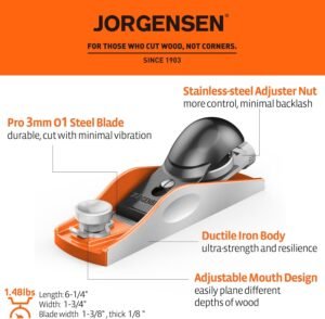 JORGENSEN No. 60-1/2 6-1/4" Low Angle Block Plane – Hand Wood Planer for Trimming, Planing & Craft Work