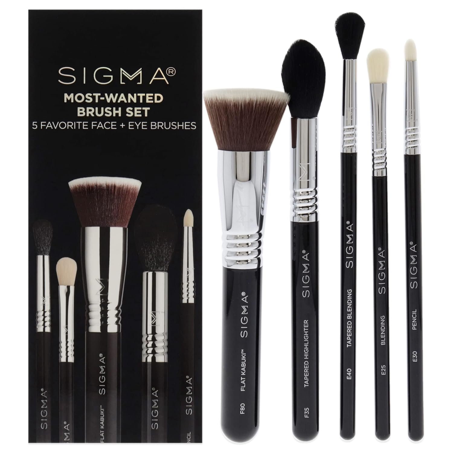 SIGMA Beauty Most Wanted Makeup Brush Set, 5 Essential Brushes for Foundation, Highlighter, Eyeshadow