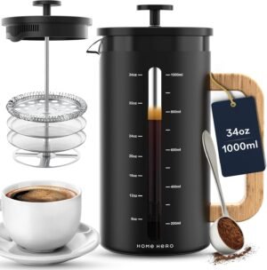 Home Hero French Press Coffee Maker, 34 oz – Borosilicate Glass with Bamboo Handle & 4-Layer Stainless Steel Filter (Black)
