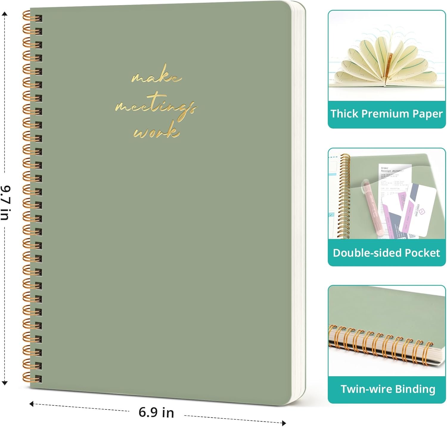 Taja Meeting Notebook, Action Items & Minutes Planner for Work, Green