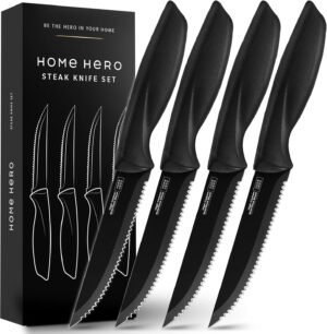 Home Hero Steak Knife Set – Serrated Rust-Resistant Stainless Steel Blades with Comfort-Grip Handles