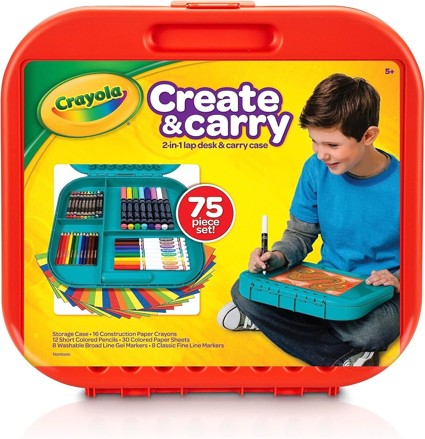 Crayola Create N Carry Travel Art Set 75pcs, 2-in-1 Lap Desk & Carrying Case for Kids