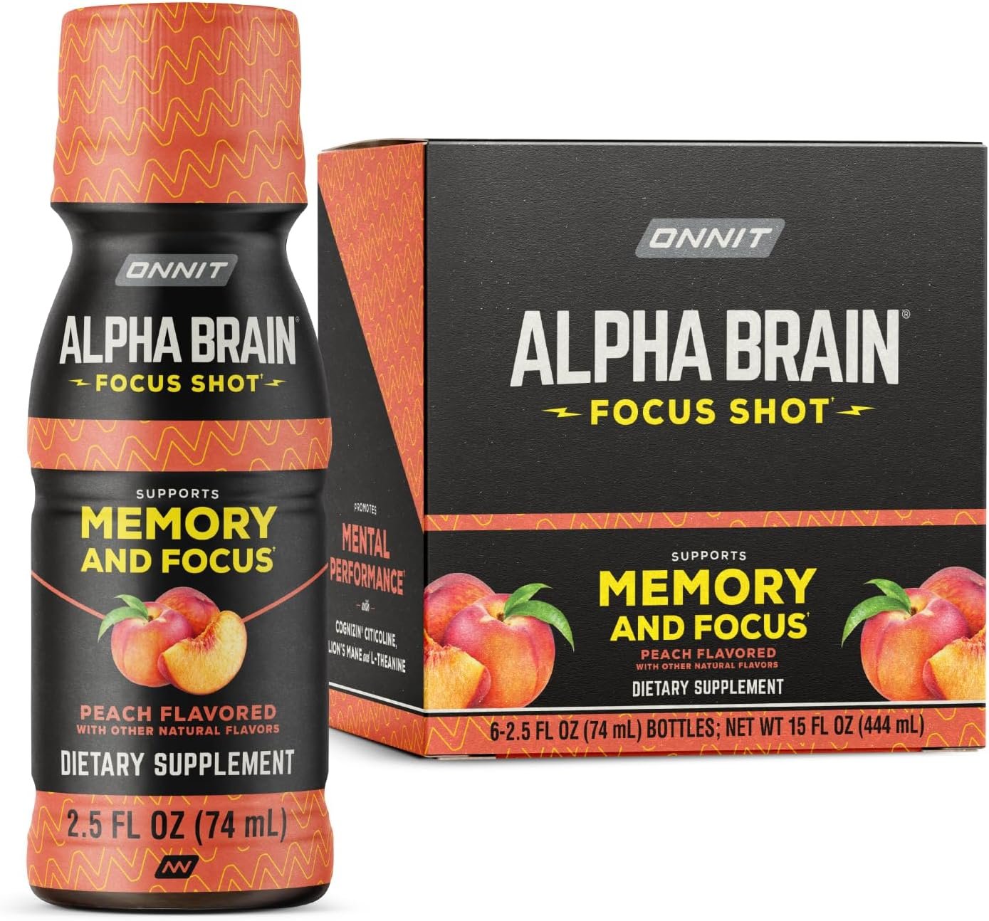 ONNIT Alpha Brain Focus Shot, 6 Pack, Peach Flavor, Nootropic Dietary Supplement Drink for Energy