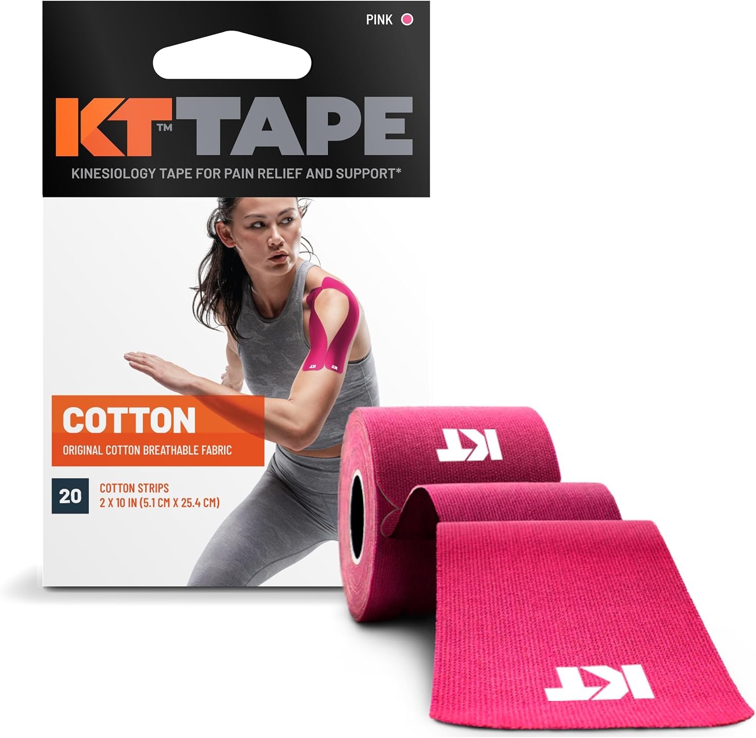 KT Tape Original Cotton Elastic Kinesiology Athletic Tape, Pink, 20 Count, 10” Precut Strips for Muscle & Joint Support